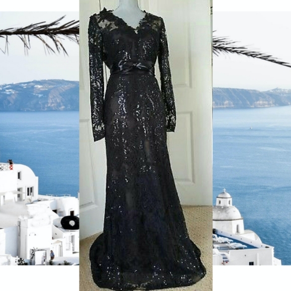 *$1,500.00 MARCHESA NOTTE EXCLUSIVE BLACK LACE BEAD RUNWAY GOWN SIZE US S - Picture 7 of 14